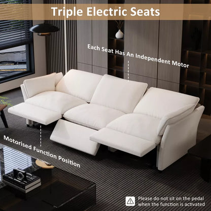 ATJafurn Electric Power Reclining Sofa Couch White Chenille With 3 Independently Adjustable Motors, USB Charging and Pillow Armrest for Living Room