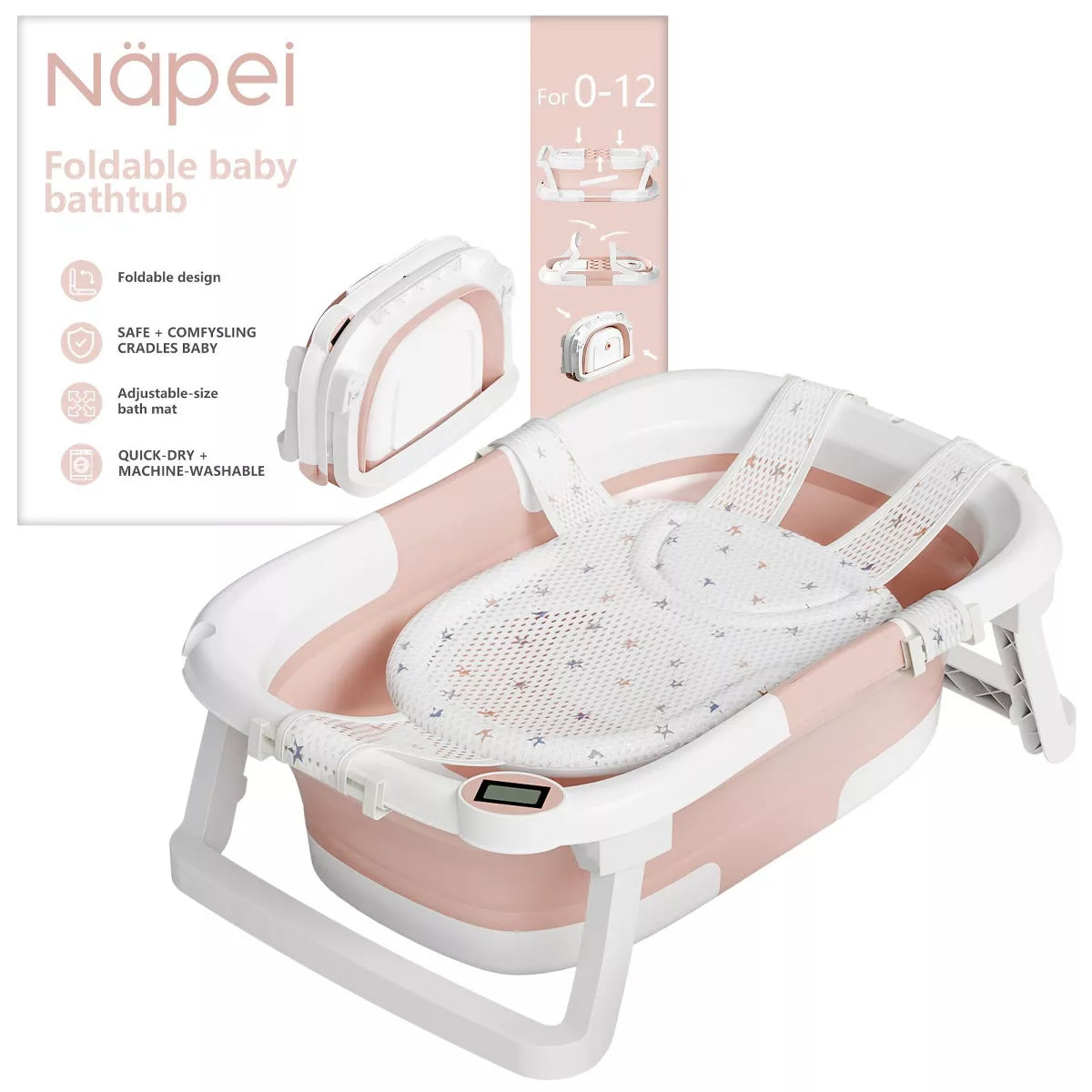 Napei Collapsible Baby Bathtub for Infants and Toddlers with Bath Net and Thermometer