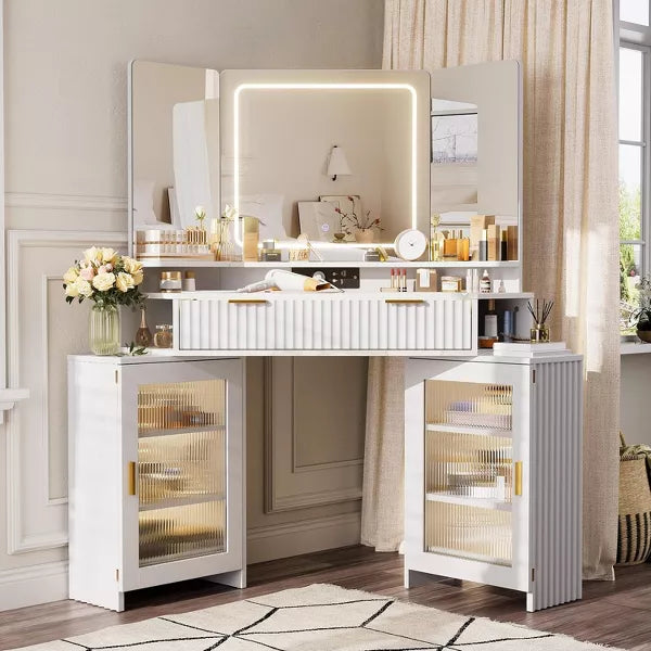 PAKASEPT Corner Vanity with Desk Mirror & Lights, Fluted Makeup Vanity Desk with Glass Top, Charging Station, torage Cabinets & Drawers