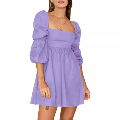 EXLURA Womens Square Neck Dress Long Puff Sleeve A-Line Casual Short Mini Dresses