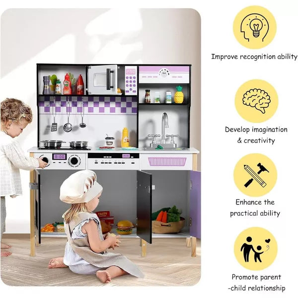 Kinder King Wooden Kids Play Kitchen, Toy Kitchen Playset for Toddler, Realistic Kitchen Set w/Lights & Sounds, Gift for Boys Girls Age 3+, Purple