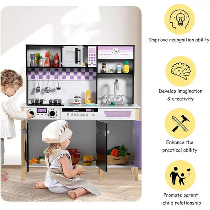Kinder King Wooden Kids Play Kitchen, Toy Kitchen Playset for Toddler, Realistic Kitchen Set w/Lights & Sounds, Gift for Boys Girls Age 3+, Purple
