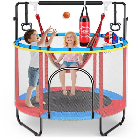 60'' Trampoline for Kids with Basketball Hoop & Safety Net, Swing, Rings, Gymnastic Bar, Indoor/Outdoor Toddler Trampoline, Birthday Gifts