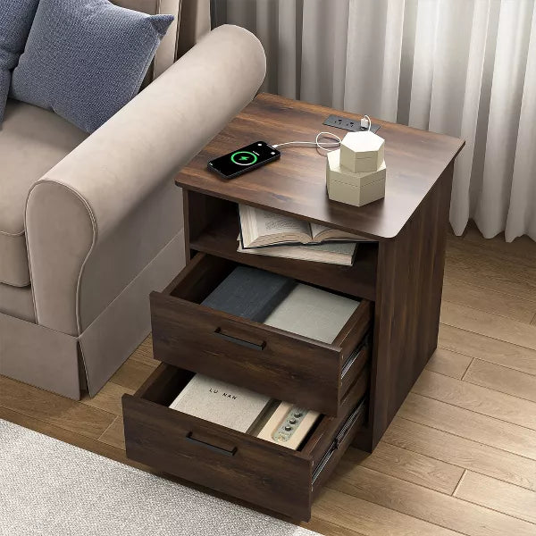 Resenkos Wood Nightstand With Charging Station, Bedside Table With 2 Drawers, Night Stand With Storage For Bedroom,