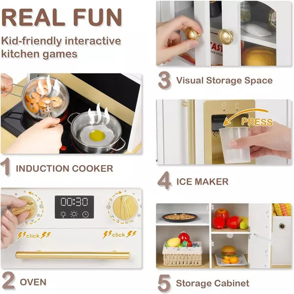 Kinder King Wooden Kids Play Kitchen, Toy Kitchen Playset for Toddler, Realistic Kitchen Sets w/Lights & Sounds for boy