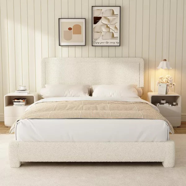 Vipbear Boucle Bed Frame,Upholstered Bed Frame With Headboard, Surface Cover Soft Cloud Bed Frame Easy Assembly, No Box Spring Required