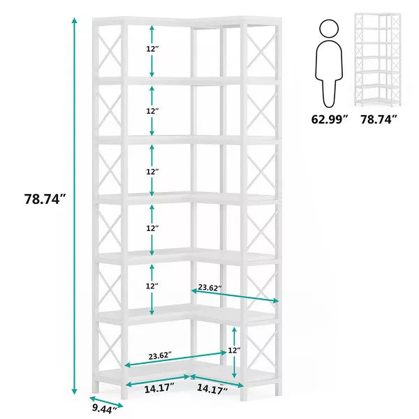 Resenkos Bookshelf, Bookcase Standing Shelf Unts,7-Tier Corner Bookshelf Corner Bookcase Storage Display Rack,White