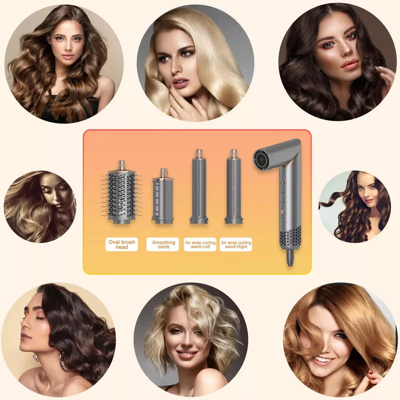 Dryhsip 5-in-1 Foldable Hair Dryer Brush, Ionic Hot Air Styler for Curling/Straightening/Volumizing, 3 Heat/Speed Settings, Travel-Friendly, Gray