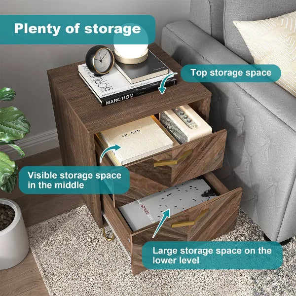 Resenkos Modern Night Stand with Mobile APP Remote Light, Jointed Wood Grain Bedside Table for Bedroom Rustic Brown