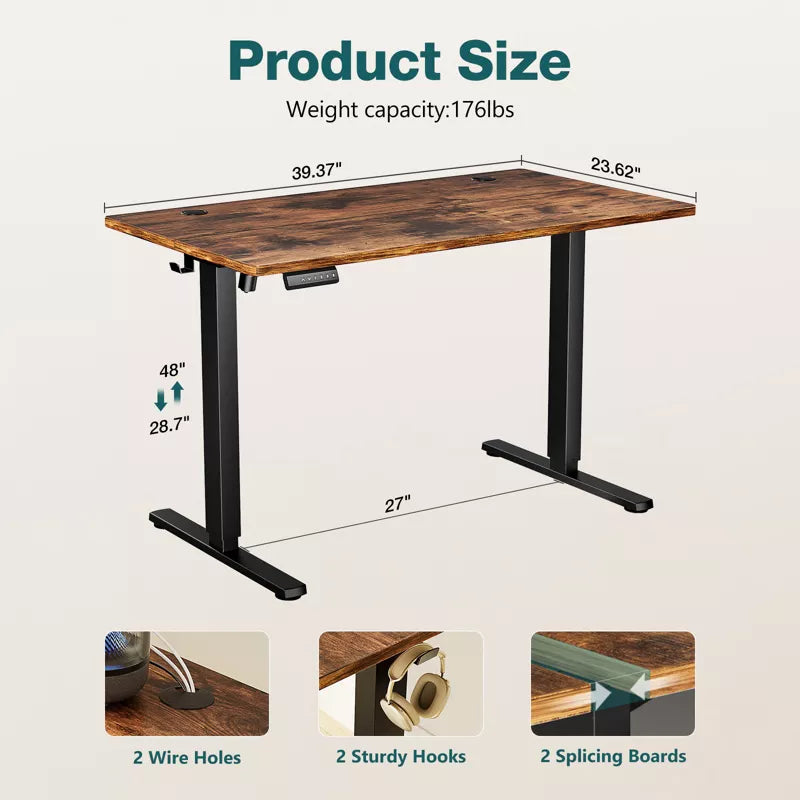 Bencmate Desks Ergonomic Standing Desk, Height Adjustable Computer Desk with Control Panel Headphone Hook, Height 28.7'' to 48'', Brown, 40Inches