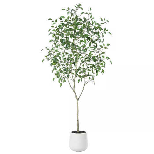 DR.Planzen 5-7FT Faux Ficus Tree with Oval White Planter, Pre Potted Faux Greenry Tree for Home Decor