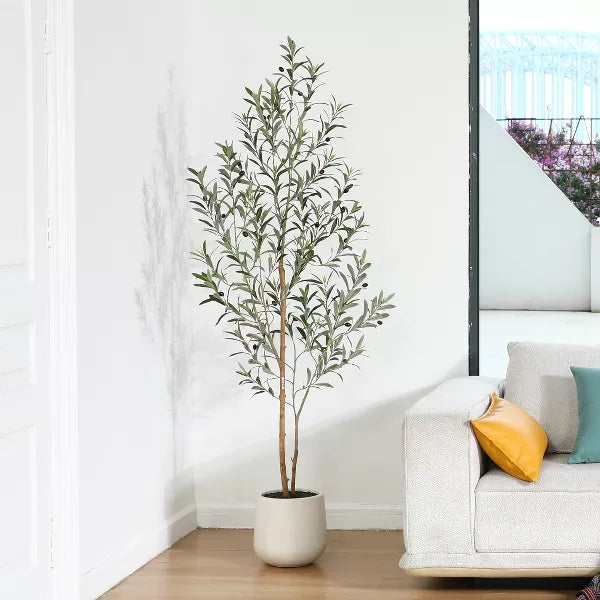 DR.Planzen Artificial Olive Tree with White Planter, 5-7FT Tall Faux Olive Trees with Natural Wood Trunk and Realstic Fruits for Indoor Home Decor