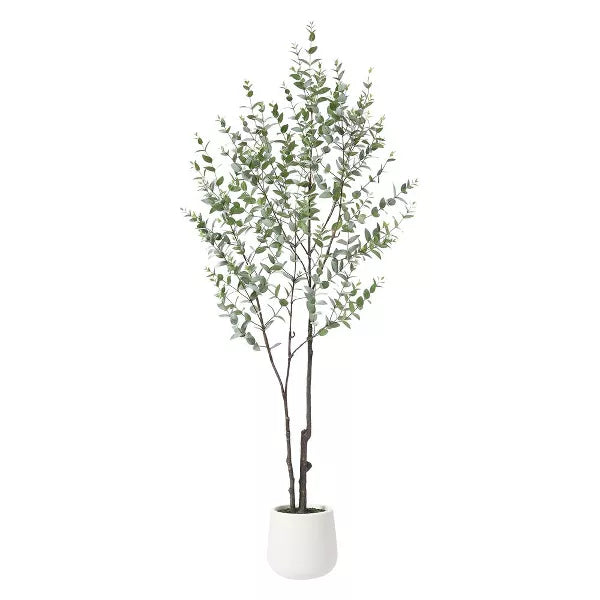 DR.Planzen 6FT Faux Eucalyptus Tree with Oval White Planter, Pre Potted Artificial Eucalyptus Plant for Home Decor