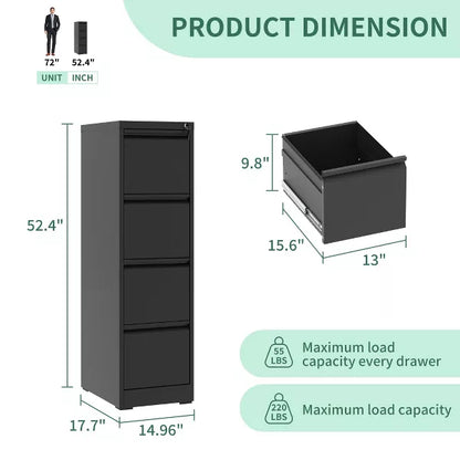 Munora - 4-Drawer Vertical File Cabinet with Lock - Heavy Duty for Letters/Legal/A4 Files - Black