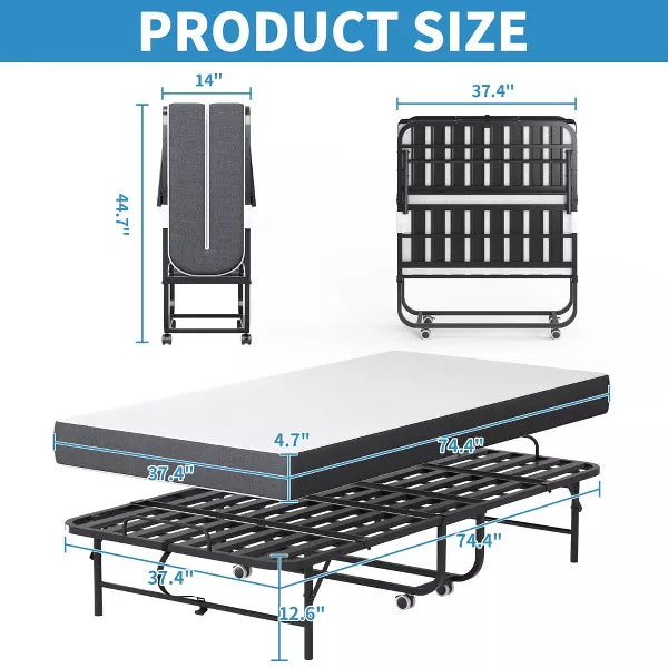 Munora - Twin Folding Rollaway Bed with 4.7" Memory Foam Mattress - Heavy Duty Metal Frame, 450 lbs Capacity - Black