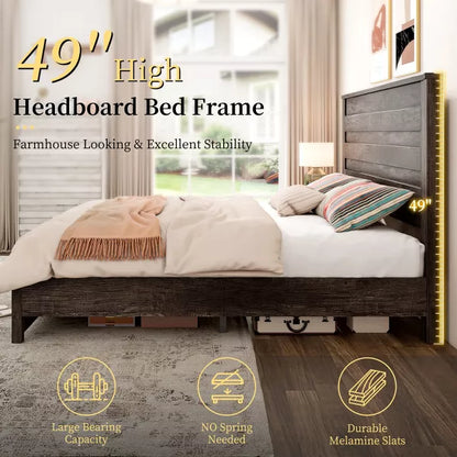Farmhouse Bed Frame with 49" Tall Headboard