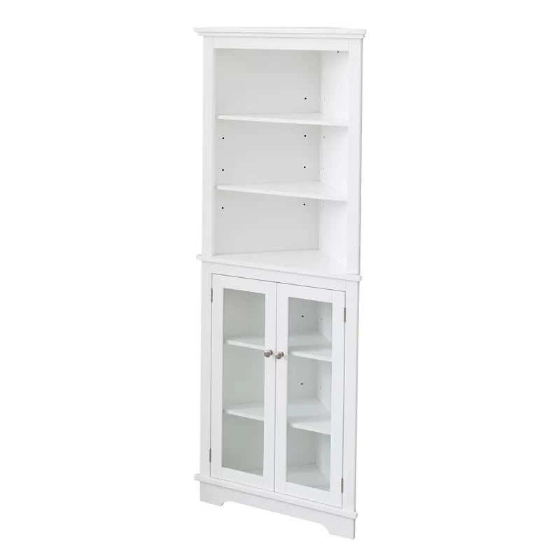 VANIRROR Tall Corner Cabinet, Freestanding Storage Organizer with Adjustable Shelves Glass Doors, White