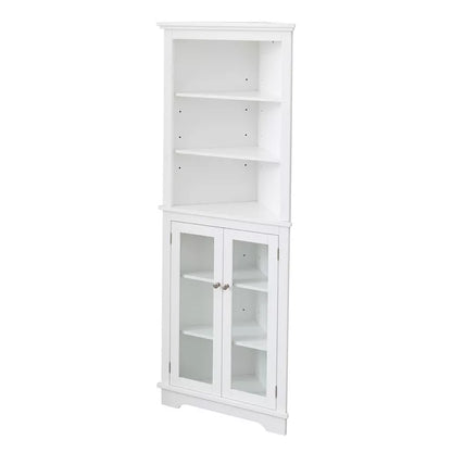 VANIRROR Tall Corner Cabinet, Freestanding Storage Organizer with Adjustable Shelves Glass Doors, White