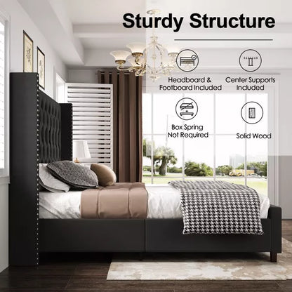 Bed Frame with 61.4" Headboard,Velvet Tufted and Handmade Pleat Deep Button