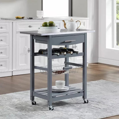 Wooakway 33.5"H Indoor Kitchen Island Trolley Serving Cart with Stainless Steel Marble Top Underneath Drawer Basket Wine Rack Lockable Casters