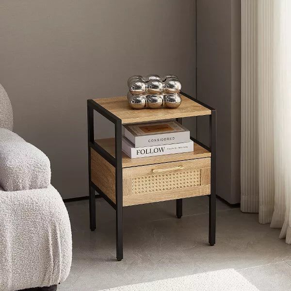 Wooakway 15.75"L 21.26"H 13.78"D Rattan End Table Side Table Nightstand with Adjustable Feet for Living Room Bedroom