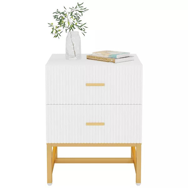Resenkos 2-Drawer Nightstand, Large White Gold Bed Side Table, Modern Wide End Table Table for Living Room, Wood Metal Tall Night Stands
