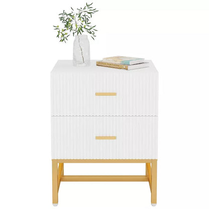 Resenkos 2-Drawer Nightstand, Large White Gold Bed Side Table, Modern Wide End Table Table for Living Room, Wood Metal Tall Night Stands