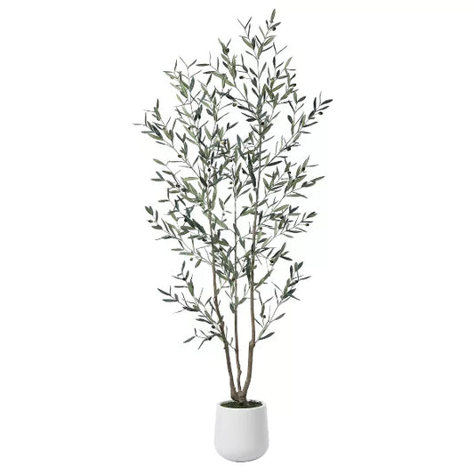 DR.Planzen 5-7FT Artificial Olive Tree with Round White Planter, Pre Potted Fake Plant for Home Decor