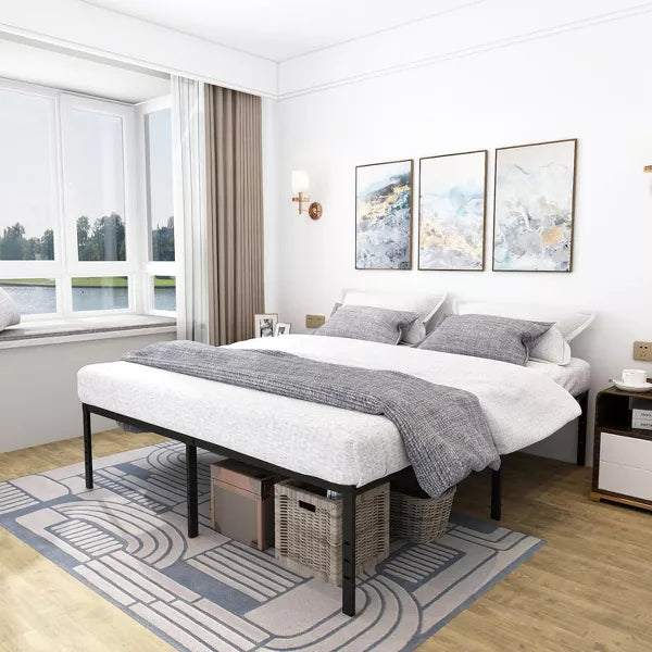 Heavy Duty Metal Platform King Bed Frame 79.5"L x 75.6"W x 14"H 3500lbs Capacity Underbed Storage Easy Assembly Black Finish No Box Spring Required