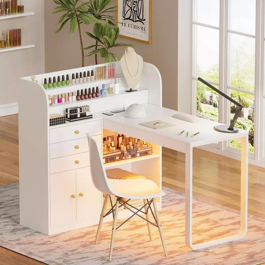 PAKASEPT Manicure Table with Led Light, Nail Desk Makeup Dressing Nail Station with Storage Drawers & Cabinet and Shelves
