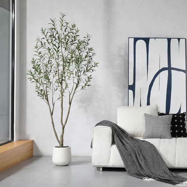 DR.Planzen 5-7FT Artificial Olive Tree with Triple-Trunk Design - Realistic Black Olives & Green Leaves in 9x9" White Plastic Planter for Home Decor