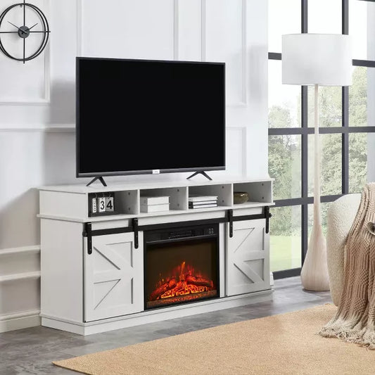 Wooakway 58"L 29.4"H 15.4"D Electric Fireplace TV Stand Console with Barn Door Design Overheating Protection Closed Storage Cabinet for TVs up to 65"