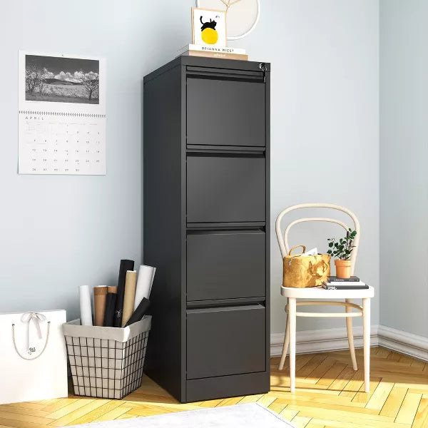 Munora - 4-Drawer Vertical File Cabinet with Lock - Heavy Duty for Letters/Legal/A4 Files - Black