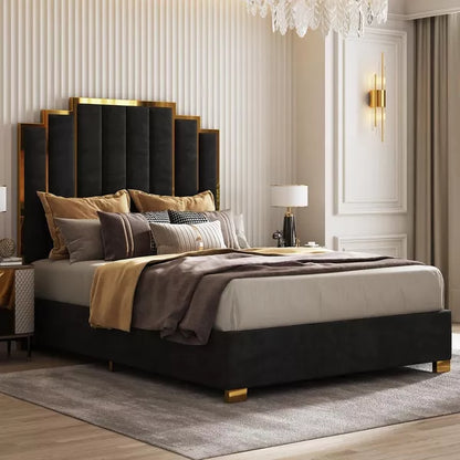 AMERLIFE Upholstered Bed, Modern Velvet Bed Frame with 61.4" Tall Gold Trim Headboard