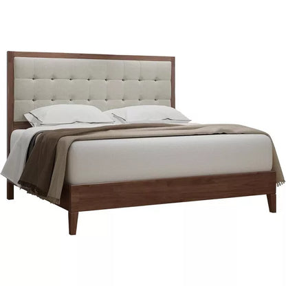 Wood Platform Bed Frame Upholstered Tufted Headboard, Solid Wood Bed