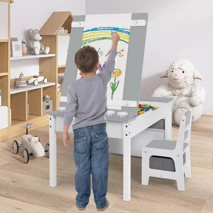 Kinder King 3-in-1 Kids Art Table & Easel Set with Storage Bins, Paper Roll, and Paint Cups