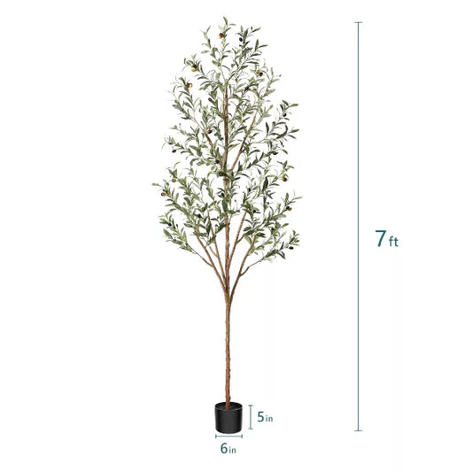 DR.Planzen 4-7ft Artificial Olive Tree Tall Faux Silk Plant Fake Potted Tree with Natural Wood Trunk and Lifelike Fruits for Home Office Decor Indoor