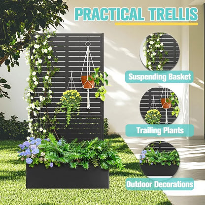 TOAOTBNBO Outdoor Planter Box with Square-Hole Trellis, Metal Raised Garden Bed for Climbing Plants, Galvanized Garden Box with Drainage Holes