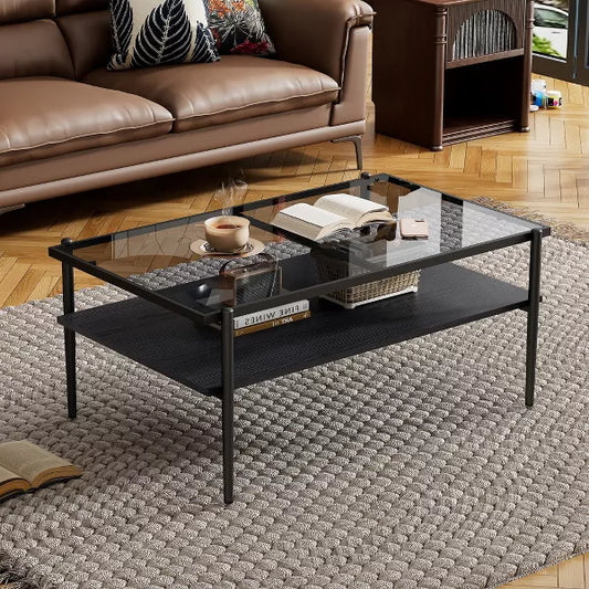 Wooakway Rectangle Coffee Table with Tempered Glass Tabletop, Modern Table for Living Room
