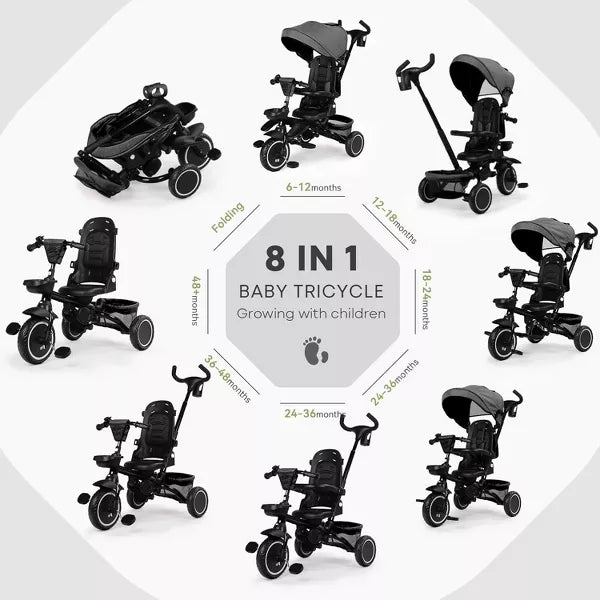Kinder King 8 in 1 Kids Baby Stroller Tricycle Folding Toddler Trike w Adjustable Push Handle