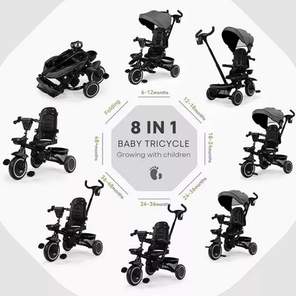 Kinder King 8 in 1 Kids Baby Stroller Tricycle Folding Toddler Trike w Adjustable Push Handle