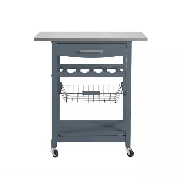 Wooakway 33.5"H Indoor Kitchen Island Trolley Serving Cart with Stainless Steel Marble Top Underneath Drawer Basket Wine Rack Lockable Casters