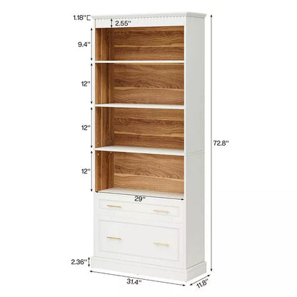 Resenkos Bookshelf, Bookcase Standing Shelf Unts,72" Bookshelf with Drawers, Freestanding 5-Shelf Bookcase Display Shelf,White