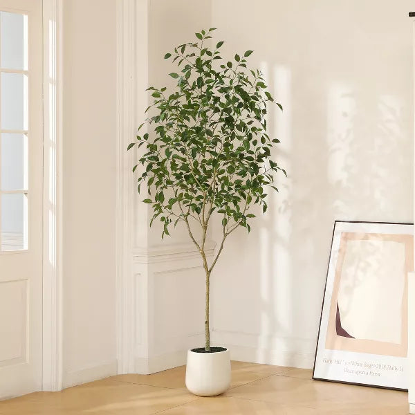 DR.Planzen 5-7FT Faux Ficus Tree with Oval White Planter, Pre Potted Faux Greenry Tree for Home Decor