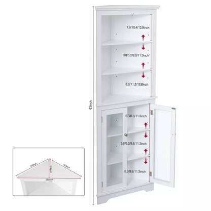 VANIRROR Tall Corner Cabinet, Freestanding Storage Organizer with Adjustable Shelves Glass Doors, White