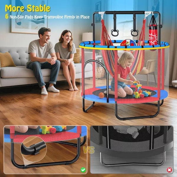 60'' Trampoline for Kids with Basketball Hoop & Safety Net, Swing, Rings, Gymnastic Bar, Indoor/Outdoor Toddler Trampoline, Birthday Gifts