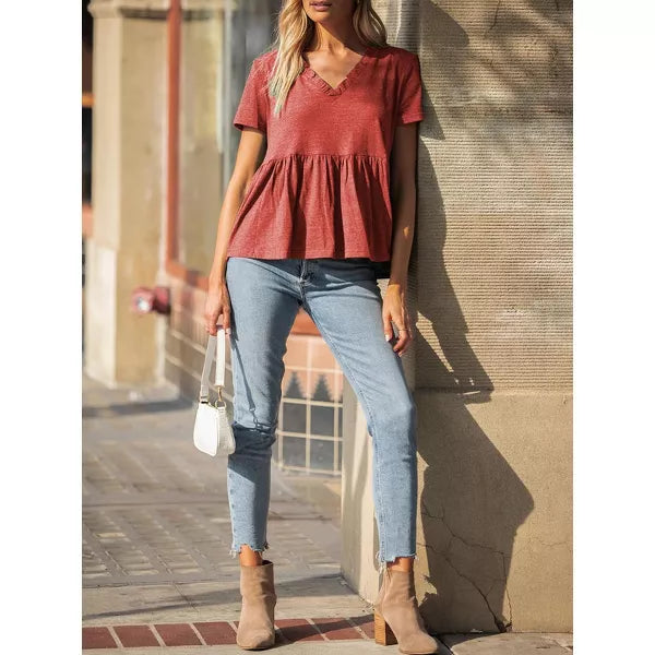 EXLURA Womens Summer Short Sleeve Babydoll Tops Fashion Cute V Neck T Shirts Soft Casual Peplum Blouse Tunics Top 2025