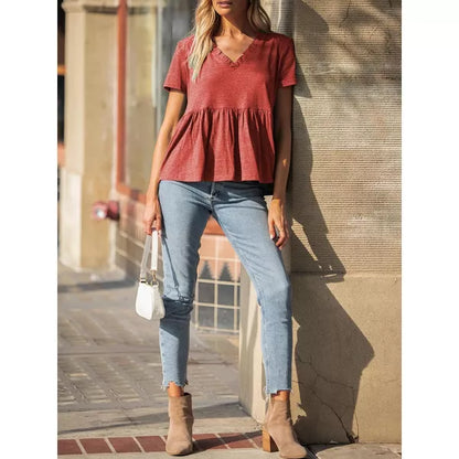 EXLURA Womens Summer Short Sleeve Babydoll Tops Fashion Cute V Neck T Shirts Soft Casual Peplum Blouse Tunics Top 2025