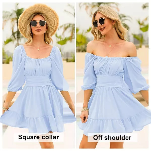EXLURA Women's Lantern Sleeve Tie Back Summer Dress Ruffled Off Shoulder A-Line Vintage Mini Dress