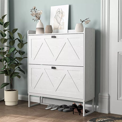 Resenkos Entryway Shoe Storage Cabinet with 2 Flip Drawers, Freestanding Shoe Cabinet Organizer with Open Storage, Narrow Farmhouse Shoe Rack with